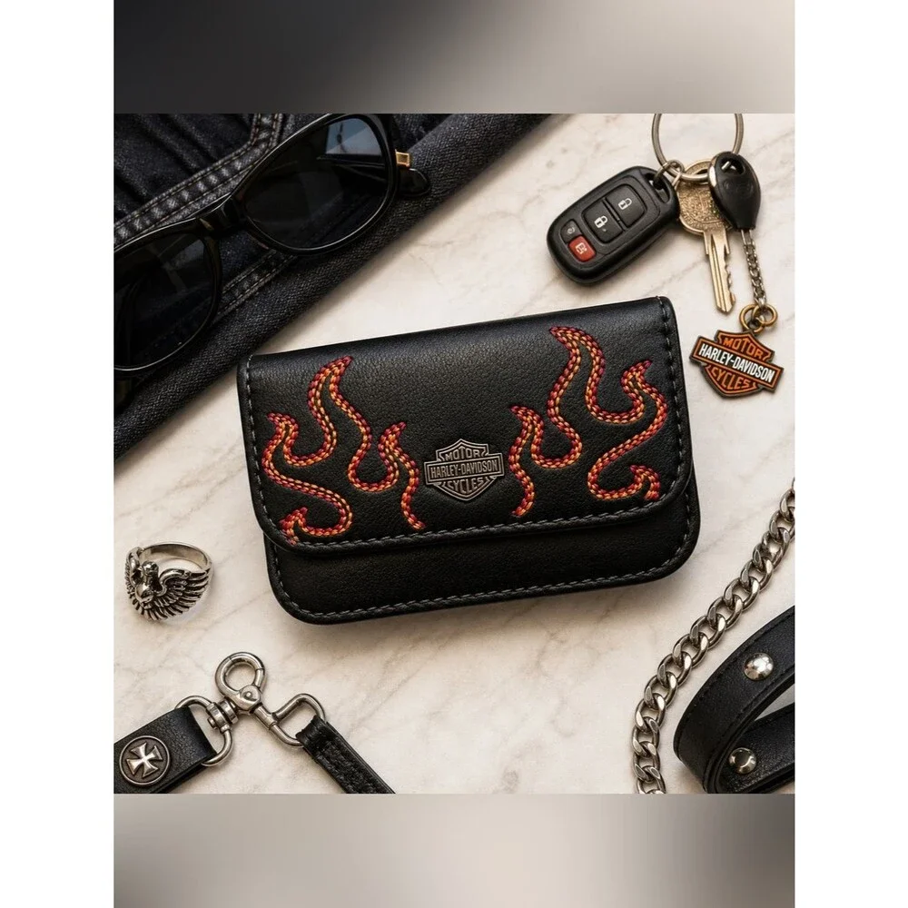Harley-Davidson Flame Leather Wallet Biker Moto Logo Black Magnetic Unisex